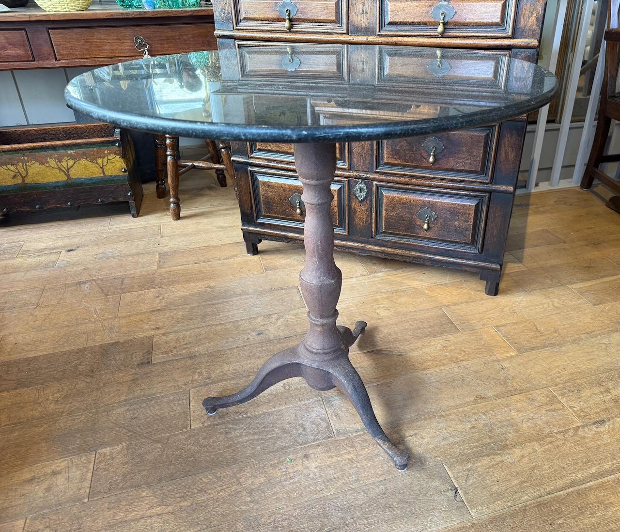 Antique Cast Iron Tripod Table with Granite Top