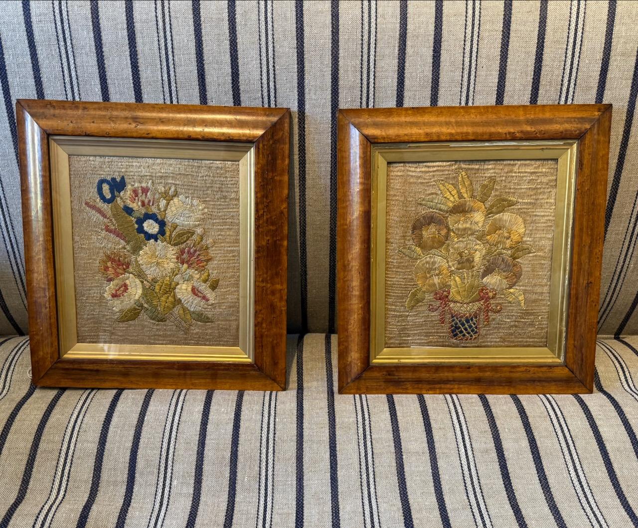 Pair of Needlework Pictures in Maple Frames