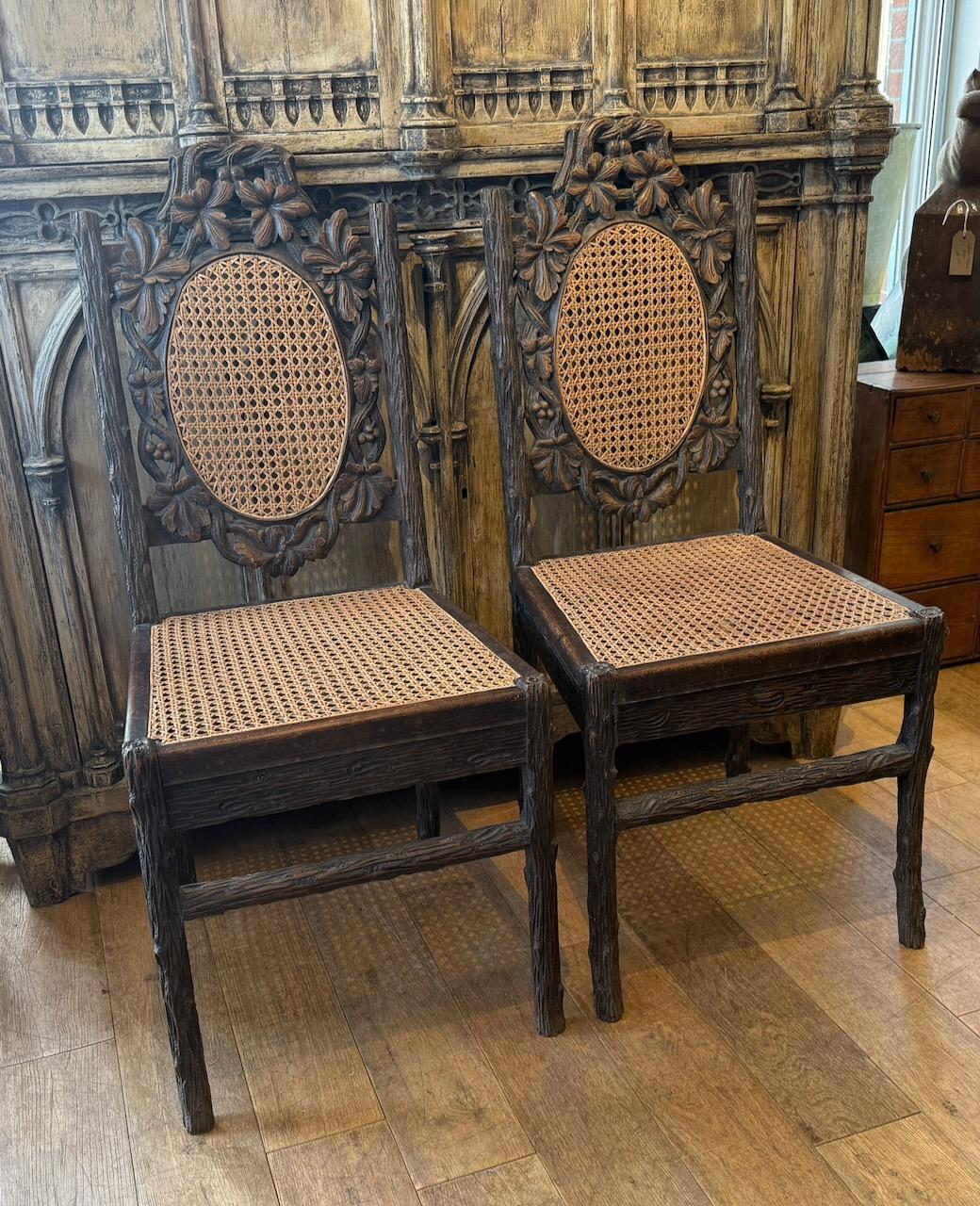 Antique Pair of Rustic Black Forrest Side Chairs