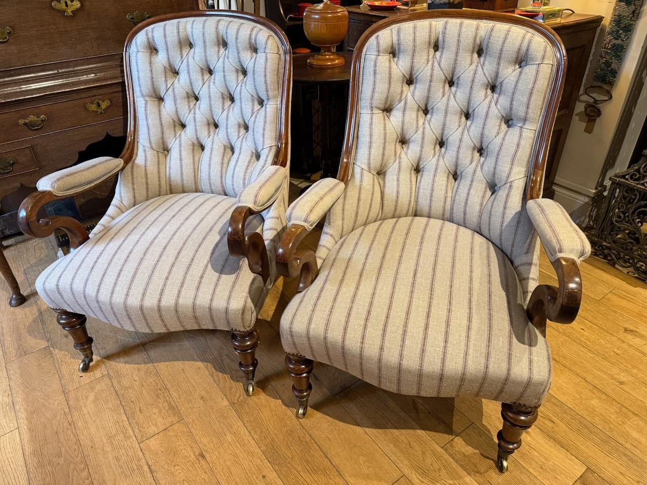 Antique Pair Upholstered Victorian Chairs by Gillows