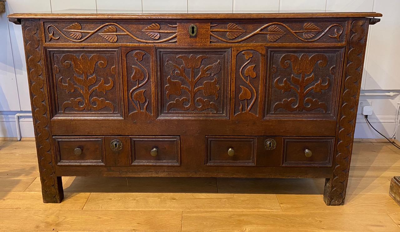 William and Mary Carved Oak Mule Chest